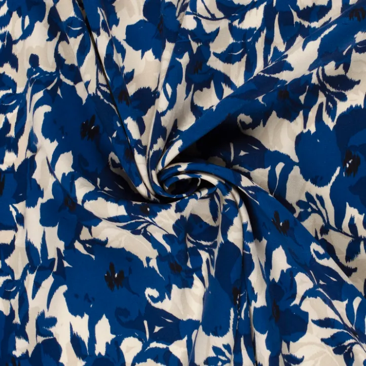 Viscose satijn met kobalt bloemen  -  My Image